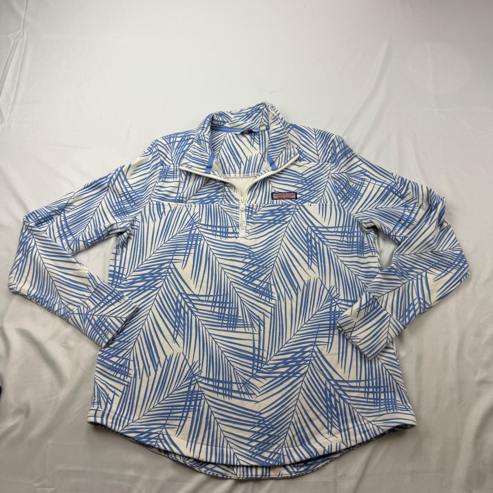 Vineyard Vines Pullover Women Large Blue Palm Print Quarter Zip Thumbholes